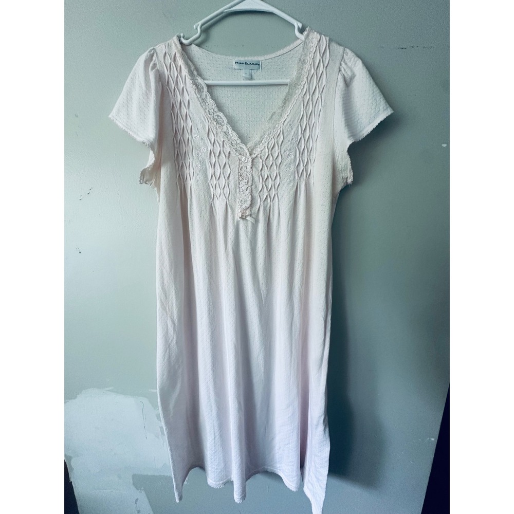 Miss Elaine Pink Pointelle Smocked Lace Trim Nightgown Sleepwear Small